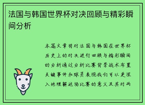 法国与韩国世界杯对决回顾与精彩瞬间分析
