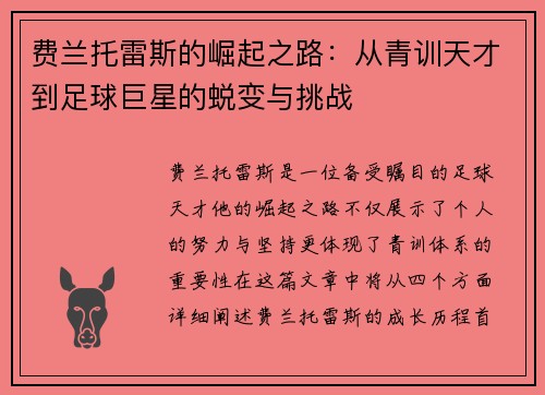 费兰托雷斯的崛起之路：从青训天才到足球巨星的蜕变与挑战